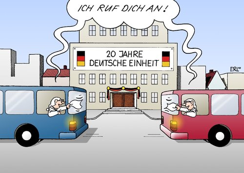 Cartoon: Nach der Feier (medium) by Erl tagged deutschland,einheit,wiedervereinigung,zwanzig,jahre,feier,feiertag,alltag,ost,west,ossi,wessi,deutschland,einheit,regierung,finanzen,streit,krise,wirtschaft,lage,oktoberfest,wiedervereinigung,deutsche einheit,feiertag,deutsche