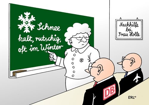 Cartoon: Nachhilfe (medium) by Erl tagged schnee,eis,wetter,winter,bahn,fluggesellschaft,flughafen,chaos,vorbereitung,mangelhaft,nachhilfe,frau,holle,kalt,kälte,schnee,eis,wetter,winter,bahn,fluggesellschaft,vorbereitung,mangelhaft,nachhilfe,holle,kalt,kälte,deutsch bahnhof,db,deutsch,bahnhof