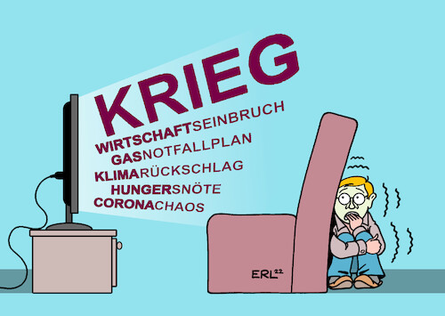 Cartoon: Nachrichten (medium) by Erl tagged politik,krieg,angriff,überfall,wladimir,putin,russland,ukraine,sanktionen,energieversorgung,gas,notfallplan,wirtschaft,rückgang,wachstum,klima,rückschlag,zunahme,hunger,hungersnöte,corona,pandemie,chaos,nachrichten,fernsehen,angst,karikatur,erl,politik,krieg,angriff,überfall,wladimir,putin,russland,ukraine,sanktionen,energieversorgung,gas,notfallplan,wirtschaft,rückgang,wachstum,klima,rückschlag,zunahme,hunger,hungersnöte,corona,pandemie,chaos,nachrichten,fernsehen,angst,karikatur,erl