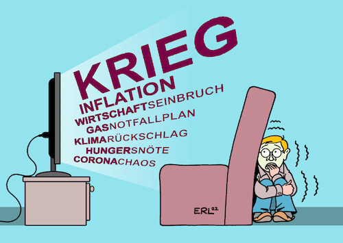 Cartoon: Nachrichten Inflation (medium) by Erl tagged politik,krieg,angriff,überfall,wladimir,putin,russland,ukraine,sanktionen,energieversorgung,gas,notfallplan,anstieg,inflation,wirtschaft,rückgang,wachstum,klima,rückschlag,zunahme,hunger,hungersnöte,corona,pandemie,chaos,nachrichten,fernsehen,angst,karikatur,erl,politik,krieg,angriff,überfall,wladimir,putin,russland,ukraine,sanktionen,energieversorgung,gas,notfallplan,anstieg,inflation,wirtschaft,rückgang,wachstum,klima,rückschlag,zunahme,hunger,hungersnöte,corona,pandemie,chaos,nachrichten,fernsehen,angst,karikatur,erl