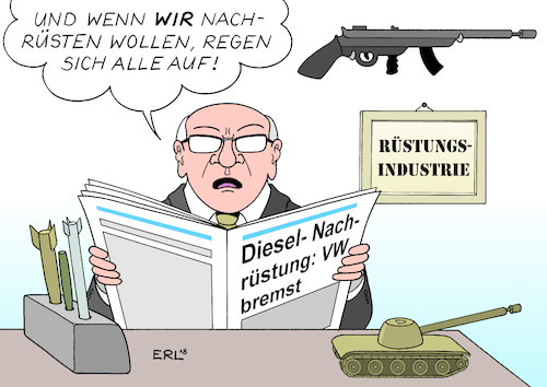 Cartoon: Nachrüstung (medium) by Erl tagged politik,verkehr,auto,automobilindustrie,diesel,dieselaffäre,manipulation,abgaswerte,software,luft,umweltschutz,dieselfahrverbote,nachrüstung,hardware,regeln,regierung,volkswagen,vw,bremse,rüstungsindustrie,einbußen,saudi,arabien,rüstungsexport,rüstung,waffen,panzer,raketen,karikatur,erl,politik,verkehr,auto,automobilindustrie,diesel,dieselaffäre,manipulation,abgaswerte,software,luft,umweltschutz,dieselfahrverbote,nachrüstung,hardware,regeln,regierung,volkswagen,vw,bremse,rüstungsindustrie,einbußen,saudi,arabien,rüstungsexport,rüstung,waffen,panzer,raketen,karikatur,erl