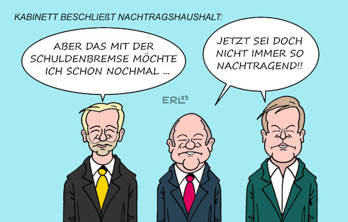 Cartoon: Nachtragshaushalt (medium) by Erl tagged politik,ampel,spd,grüne,fdp,haushalt,umgehung,schuldenbremse,verfassungswidrig,urteil,karlsruhe,milliardenloch,gefährdung,projekte,wirtschaft,industrie,kabinett,beschluss,nachtragshaushalt,bundeskanzler,olaf,scholz,wirtschaftsminister,robert,habeck,finanzminister,christian,lindner,nachtragend,karikatur,erl,politik,ampel,spd,grüne,fdp,haushalt,umgehung,schuldenbremse,verfassungswidrig,urteil,karlsruhe,milliardenloch,gefährdung,projekte,wirtschaft,industrie,kabinett,beschluss,nachtragshaushalt,bundeskanzler,olaf,scholz,wirtschaftsminister,robert,habeck,finanzminister,christian,lindner,nachtragend,karikatur,erl