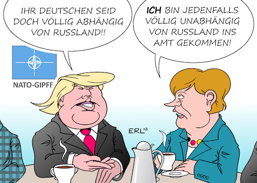 Cartoon: NATO-Gipfel (medium) by Erl tagged politik,nato,bündnis,verteidigung,verteidigungsbündnis,beistandspakt,militär,gipfel,präsident,donald,trump,vorwürfe,beschuldigungen,handel,geschäft,deal,geld,deutschland,bundeskanzlerin,angela,merkel,pipeline,erdgas,energie,abhängigkeit,russland,usa,verdacht,wahl,präsidentschaftswahl,manipulation,wladimir,putin,karikatur,erl,politik,nato,bündnis,verteidigung,verteidigungsbündnis,beistandspakt,militär,gipfel,präsident,donald,trump,vorwürfe,beschuldigungen,handel,geschäft,deal,geld,deutschland,bundeskanzlerin,angela,merkel,pipeline,erdgas,energie,abhängigkeit,russland,usa,verdacht,wahl,präsidentschaftswahl,manipulation,wladimir,putin,karikatur,erl