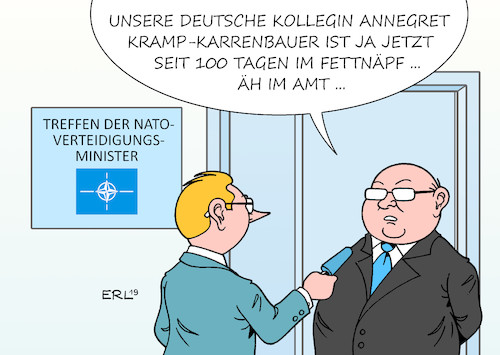 Cartoon: NATO-Treffen (medium) by Erl tagged politik,annegret,kramp,karrenbauer,cdu,vorsitz,ambitionen,bundeskanzlerin,profilierung,verteidigungsministerin,vorstoß,syrien,internationale,sicherheitszone,putin,russland,erdogan,türkei,treffen,nato,verteidigungsminister,machtpolitik,außenpolitik,fettnäpfchen,karikatur,erl,politik,annegret,kramp,karrenbauer,cdu,vorsitz,ambitionen,bundeskanzlerin,profilierung,verteidigungsministerin,vorstoß,syrien,internationale,sicherheitszone,putin,russland,erdogan,türkei,treffen,nato,verteidigungsminister,machtpolitik,außenpolitik,fettnäpfchen,karikatur,erl