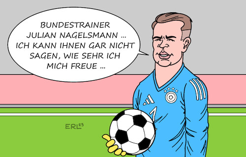 Cartoon: Neuers Bundestrainer (medium) by Erl tagged politik,sport,fußball,deutschland,nationalmannschaft,entlassung,bundestrainer,hansi,flick,nachfolger,julian,nagelsmann,extrainer,fc,bayern,münchen,konflikt,kapitän,nationaltorhüter,manuel,neuer,freude,vorfreude,karikatur,erl,politik,sport,fußball,deutschland,nationalmannschaft,entlassung,bundestrainer,hansi,flick,nachfolger,julian,nagelsmann,extrainer,fc,bayern,münchen,konflikt,kapitän,nationaltorhüter,manuel,neuer,freude,vorfreude,karikatur,erl