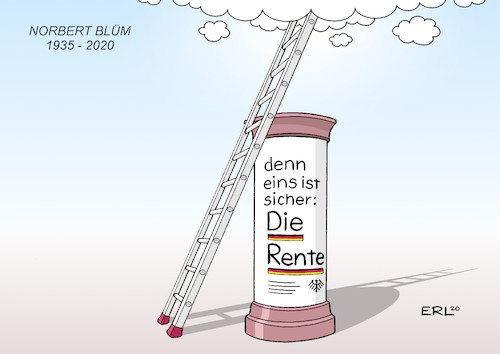 Cartoon: Norbert Blüm 1935 - 2020 (medium) by Erl tagged politik,norbert,blüm,tod,minister,regierung,kohl,arbeitsminister,die,rente,ist,sicher,geflügeltes,wort,plakataktion,litfaßsäule,leiter,himmel,karikatur,erl,politik,norbert,blüm,tod,minister,regierung,kohl,arbeitsminister,die,rente,ist,sicher,geflügeltes,wort,plakataktion,litfaßsäule,leiter,himmel,karikatur,erl