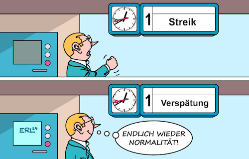 Cartoon: Normaler Bahnverkehr (medium) by Erl tagged politik,bahn,streik,lokomotivführer,gewerkschaft,gdl,chef,claus,weselsky,rückkehr,verhandlungen,normalität,bahnverkehr,zug,verspätung,karikatur,erl,politik,bahn,streik,lokomotivführer,gewerkschaft,gdl,chef,claus,weselsky,rückkehr,verhandlungen,normalität,bahnverkehr,zug,verspätung,karikatur,erl