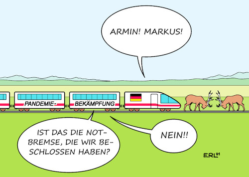 Cartoon: Notbremse (medium) by Erl tagged politik,corona,virus,pandemie,covid19,bekämpfung,lockdown,notbremse,bund,bundespolitik,behinderung,ablenkung,machtkampf,armin,laschet,cdu,markus,söder,csu,kanzlerkandidat,union,zug,gleise,blockade,hirsche,hirsch,karikatur,erl,politik,corona,virus,pandemie,covid19,bekämpfung,lockdown,notbremse,bund,bundespolitik,behinderung,ablenkung,machtkampf,armin,laschet,cdu,markus,söder,csu,kanzlerkandidat,union,zug,gleise,blockade,hirsche,hirsch,karikatur,erl