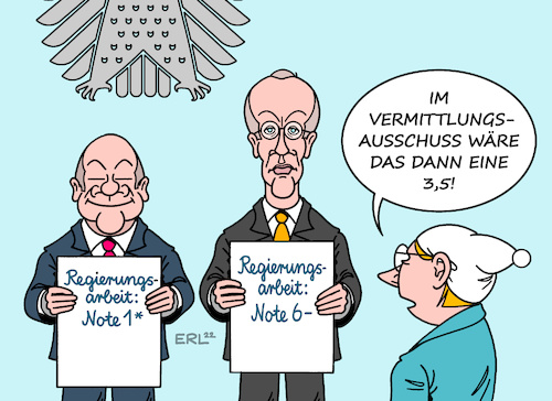 Cartoon: Noten (medium) by Erl tagged politik,bundestag,generaldebatte,regierungsarbeit,schulnoten,abrechnung,opposition,regierung,bundeskanzler,olaf,scholz,oppositionsführer,friedrich,merz,bürgergeld,vermittlungsausschuss,kompromiss,michel,karikatur,erl,politik,bundestag,generaldebatte,regierungsarbeit,schulnoten,abrechnung,opposition,regierung,bundeskanzler,olaf,scholz,oppositionsführer,friedrich,merz,bürgergeld,vermittlungsausschuss,kompromiss,michel,karikatur,erl