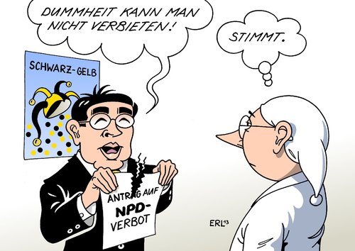 Cartoon: NPD-Verbot (medium) by Erl tagged npd,partei,rechtsextrem,verfassungsfeindlich,verbot,bundesferfassungsgericht,antrag,bundesrat,bundesregierung,cdu,csu,fdp,schwarz,gelb,vizekanzler,philipp,rösler,npd,partei,rechtsextrem,verfassungsfeindlich,verbot,bundesferfassungsgericht,antrag,bundesrat,bundesregierung,cdu,csu,fdp,schwarz,gelb,vizekanzler,philipp,rösler