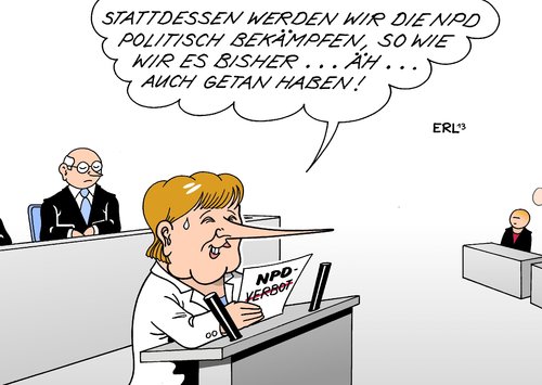 Cartoon: NPD-Verbot (medium) by Erl tagged fdp,csu,cdu,gelb,schwarz,bundesregierung,bundestag,debatte,verbot,npd,bundeskanzlerin,angela,merkel,ablehnung,bekämpfung,politisch,rechtsextremismus,partei,npd,verbot