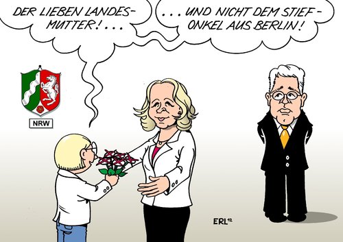 Cartoon: NRW-Wahl (medium) by Erl tagged nrw,nordrhein,westfalen,wahl,landtagswahl,spd,sieg,ministerpräsidentin,hannelore,kraft,cdu,herausforderer,bundesumweltminister,norbert,röttgen,niederlage,muttertag,landesmutter,blumen,nrw,nordrhein westfalen,wahl,landtagswahl,hannelore kraft,herausforderer,nordrhein,westfalen,hannelore,kraft