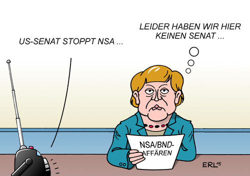 Cartoon: NSA (medium) by Erl tagged nsa,geheimdienst,usa,spionage,abhören,senat,gesetz,streit,blockade,stopp,deutschland,bnd,affären,politik,tatenlos,zögerlich,ohnmächtig,bundeskanzlerin,angela,merkel,radio,nachrichten,karikatur,erl,nsa,geheimdienst,usa,spionage,abhören,senat,gesetz,streit,blockade,stopp,deutschland,bnd,affären,politik,tatenlos,zögerlich,ohnmächtig,bundeskanzlerin,angela,merkel,radio,nachrichten