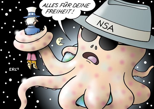 Cartoon: NSA Freiheit (medium) by Erl tagged nsa,usa,geheimdienst,spionage,überwachung,abhören,terror,abwehr,spähaffäre,daten,datenschutz,krake,anzapfen,google,yahoo,internet,smartphone,telefon,ausländer,us,bürger,freiheit,sicherheit,erde,welt,mond,nsa,usa,geheimdienst,spionage,überwachung,abhören,terror,abwehr,spähaffäre,daten,datenschutz,krake,anzapfen,google,yahoo,internet,smartphone,telefon,ausländer,us,bürger,freiheit,sicherheit,erde,welt,mond