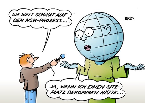 Cartoon: NSU-Prozess Welt (medium) by Erl tagged nsu,mord,serie,rechtsextremismus,fremdenfeindlichkeit,terror,ermittlung,aufklärung,prozess,pannen,platzvergabe,losverfahren,panne,welt,beobachtung,nsu,mord,serie,rechtsextremismus,fremdenfeindlichkeit,terror,ermittlung,aufklärung,prozess,pannen,platzvergabe,losverfahren,panne,welt,beobachtung