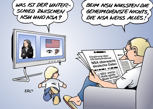 Cartoon: NSU NSA (medium) by Erl tagged usa,geheimdienst,nsa,spionage,überwachung,abhörung,daten,internet,email,sms,telefon,kommunikation,deutschland,eu,nsu,mord,serieterror,rechtsextremismus,ermittlung,versagen,beate,zschäpe,usa,geheimdienst,nsa,spionage,überwachung,abhörung,daten,internet,email,sms,telefon,kommunikation,deutschland,eu,nsu,mord,serieterror,rechtsextremismus,ermittlung,versagen,beate,zschäpe