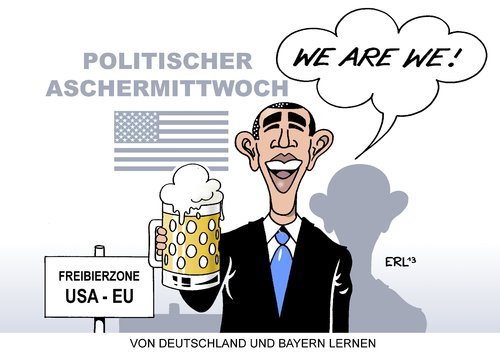 Cartoon: Obama (medium) by Erl tagged obama,rede,lage,nation,selbstbewusstsein,freihandelszone,usa,eu,deutschland,bayern,politischer,aschermittwoch,bier,obama