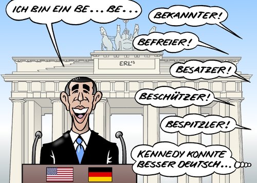 Cartoon: Obama Berlin (medium) by Erl tagged präsident,usa,barack,obama,besuch,deutschland,berlin,rede,brandenburger,tor,kennedy,berliner,freundschaft,distanz,überwachung,internet,beschützer,befreier,besatzer,bekannter,bespitzeln,obama,berlin