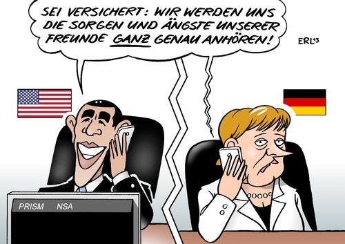 Cartoon: Obama Merkel (medium) by Erl tagged usa,geheimdienst,nsa,spionage,überwachung,abhörung,daten,internet,email,sms,telefon,kommunikation,deutschland,eu,terrorismus,terror,verdacht,terroranschlag,information,bundeskanzlerin,angela,merkel,gespräch,präsident,obama,anhören,zuhören,sorgen,ängste,usa,geheimdienst,nsa,spionage,überwachung,abhörung,daten,internet,email,sms,telefon,kommunikation,deutschland,eu,terrorismus,terror,verdacht,terroranschlag,information,bundeskanzlerin,angela,merkel,gespräch,präsident,obama,anhören,zuhören,sorgen,ängste