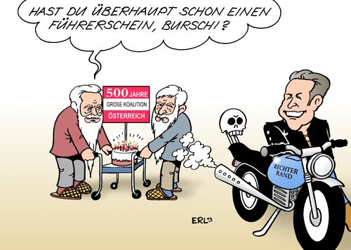 Cartoon: Österreich (medium) by Erl tagged österreich,wahl,nationalrat,spö,faymann,övp,spindelegger,fpö,strache,team,stronach,neo,grüne,böz,große,koalition,ewigkeit,stärkung,rechter,rand,rechtsextremismus,rollator,motorrad,österreich,wahl,nationalrat,spö,faymann,övp,spindelegger,fpö,strache,team,stronach,neo,grüne,böz,große,koalition,ewigkeit,stärkung,rechter,rand,rechtsextremismus,rollator,motorrad