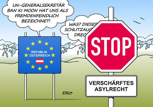 Cartoon: Österreich (medium) by Erl tagged österreich,rechtsruck,fpö,wahl,bundespräsident,verschärfung,asylrecht,fremdenfeindlichkeit,kritik,ban,ki,moon,un,generalskretär,karikatur,erl,österreich,rechtsruck,fpö,wahl,bundespräsident,verschärfung,asylrecht,fremdenfeindlichkeit,kritik,ban,ki,moon,un,generalskretär,karikatur,erl