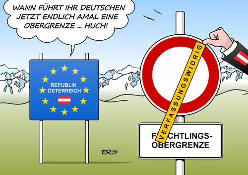 Cartoon: Österreich Obergrenze (medium) by Erl tagged österreich,flüchtlinge,obergrenze,gutachten,verfassungswidrig,bundeskanzler,faymann,aufforderung,deutschland,lösung,national,europäisch,eu,türkei,karikatur,erl,österreich,flüchtlinge,obergrenze,gutachten,verfassungswidrig,bundeskanzler,faymann,aufforderung,deutschland,lösung,national,europäisch,eu,türkei,karikatur,erl