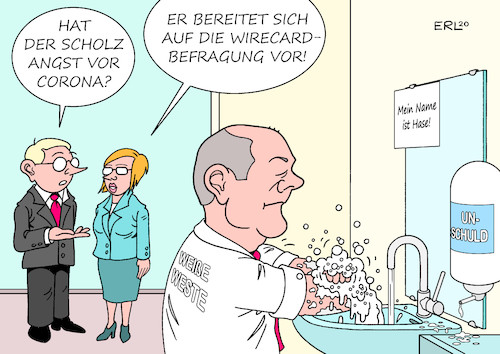 Cartoon: Olaf Scholz (medium) by Erl tagged politik,finanzen,wirtschaft,wirecard,unternehmen,dax,betrug,kriminalität,versagen,kontrolle,bafin,finanzminister,olaf,scholz,befragung,finanzausschuss,händewaschen,unschuld,name,hase,weiße,weste,corona,angst,karikatur,erl,politik,finanzen,wirtschaft,wirecard,unternehmen,dax,betrug,kriminalität,versagen,kontrolle,bafin,finanzminister,olaf,scholz,befragung,finanzausschuss,händewaschen,unschuld,name,hase,weiße,weste,corona,angst,karikatur,erl