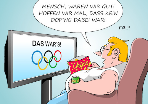 Cartoon: Olympia (medium) by Erl tagged politik,sport,wintersport,olympische,spiele,winterspiele,olympia,südkorea,pyeongchang,doping,betrug,lüge,wahrheit,ehrlichkeit,ethik,moral,medizin,chemie,sportler,medien,fernsehen,zuschauer,ärger,freude,goldmedaille,silbermedaille,bronzemedaille,medaille,medaillenspiegel,norwegen,deutschland,chips,bier,karikatur,erl,politik,sport,wintersport,olympische,spiele,winterspiele,olympia,südkorea,pyeongchang,doping,betrug,lüge,wahrheit,ehrlichkeit,ethik,moral,medizin,chemie,sportler,medien,fernsehen,zuschauer,ärger,freude,goldmedaille,silbermedaille,bronzemedaille,medaille,medaillenspiegel,norwegen,deutschland,chips,bier,karikatur,erl