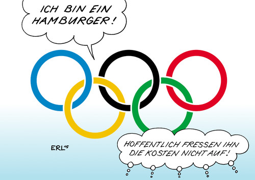 Cartoon: Olympia Hamburg (medium) by Erl tagged olympia,berlin,hamburg,bewerbung,entscheidung,gegner,kosten,kommerz,umwelt,berliner,hamburger,essen,fressen,olympische,spiele,sommerspiele,ringe,karikatur,erl,olympia,berlin,hamburg,bewerbung,entscheidung,gegner,kosten,kommerz,umwelt,berliner,hamburger,essen,fressen,olympische,spiele,sommerspiele,ringe