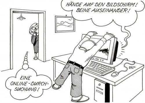 Cartoon: Online-Durchsuchung (medium) by Erl tagged ,computer,bildschirm,waffe,pistole,durchsuchung,internet,online,rechner,überführen,wolfgang schäuble,wolfgang,schäuble,otto schilly,otto,schilly,überwachung,datenschutz,trojaner