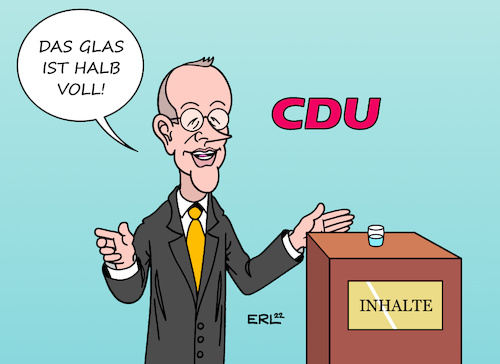 Cartoon: Optimist (medium) by Erl tagged politik,partei,cdu,parteitag,vorsitzender,friedrich,merz,markenkern,inhalte,glas,halb,voll,optimismus,optimist,karikatur,erl,politik,partei,cdu,parteitag,vorsitzender,friedrich,merz,markenkern,inhalte,glas,halb,voll,optimismus,optimist,karikatur,erl