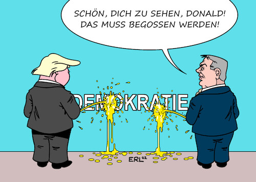 Cartoon: Orban trifft Trump (medium) by Erl tagged politik,besuch,viktor,orban,usa,treffen,konservative,republikaner,donald,trump,rechtspopulismus,nationalismus,rassismus,rechtsextremismus,verachtung,demokratie,sympathie,autokratie,diktatur,putin,karikatur,erl,politik,besuch,viktor,orban,usa,treffen,konservative,republikaner,donald,trump,rechtspopulismus,nationalismus,rassismus,rechtsextremismus,verachtung,demokratie,sympathie,autokratie,diktatur,putin,karikatur,erl