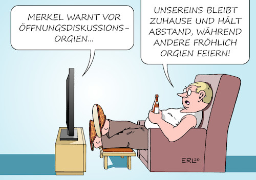 Cartoon: Orgienkritik (medium) by Erl tagged politik,corona,virus,pandemie,kontaktverbot,schließung,lockerung,warnung,bundeskanzlerin,angela,merkel,diskussion,orgien,abstand,zuhause,daheim,karikatur,erl,politik,corona,virus,pandemie,kontaktverbot,schließung,lockerung,warnung,bundeskanzlerin,angela,merkel,diskussion,orgien,abstand,zuhause,daheim,karikatur,erl