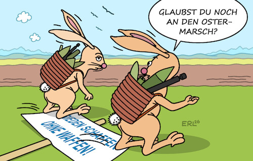 Cartoon: Ostermarsch (medium) by Erl tagged politik,ostern,ostermarsch,frieden,abrüstung,waffen,aufrüstung,krieg,ukraine,iran,osterhase,glaube,karikatur,erl,politik,ostern,ostermarsch,frieden,abrüstung,waffen,aufrüstung,krieg,ukraine,iran,osterhase,glaube,karikatur,erl