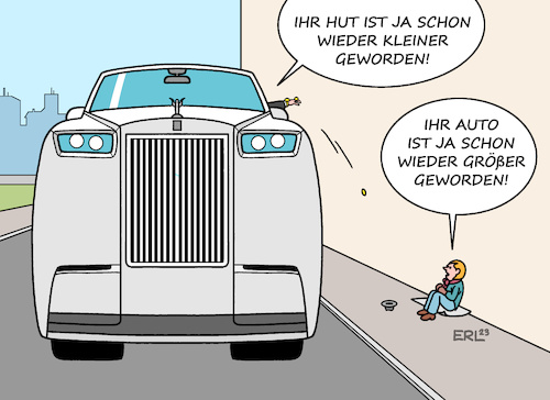 Cartoon: Oxfam-Bericht (medium) by Erl tagged politik,oxfam,wohlfahrtsverband,gemeinschaft,hilfsorganisationen,entwicklungshilfe,bericht,reiche,reicher,arme,ärmer,reichtum,armut,krisen,schere,arm,reich,auto,rolls,royce,bettlerin,bettler,hut,karikatur,erl,politik,oxfam,wohlfahrtsverband,gemeinschaft,hilfsorganisationen,entwicklungshilfe,bericht,reiche,reicher,arme,ärmer,reichtum,armut,krisen,schere,arm,reich,auto,rolls,royce,bettlerin,bettler,hut,karikatur,erl