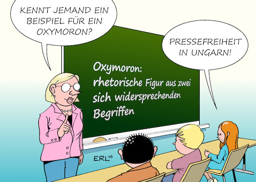 Cartoon: Oxymoron (medium) by Erl tagged politik,pressefreiheit,zeitung,medien,journalisten,bedrohung,einschränkung,beispiel,ungarn,viktor,orban,rechtspopulismus,nationalismus,oxymoron,sprache,stilmittel,rhetorische,figur,gegensätze,schule,unterricht,deutsch,lehrerin,schüler,karikatur,erl,politik,pressefreiheit,zeitung,medien,journalisten,bedrohung,einschränkung,beispiel,ungarn,viktor,orban,rechtspopulismus,nationalismus,oxymoron,sprache,stilmittel,rhetorische,figur,gegensätze,schule,unterricht,deutsch,lehrerin,schüler,karikatur,erl