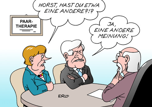 Cartoon: Paartherapie (medium) by Erl tagged cdu,csu,merkel,seehofer,parteichef,bundeskanzlerin,ministerpräsident,regierung,koalition,streit,flüchtlinge,energiewende,treffen,gespräch,paartherapie,partner,seitensprung,therapeut,karikatur,erl,cdu,csu,merkel,seehofer,parteichef,bundeskanzlerin,ministerpräsident,regierung,koalition,streit,flüchtlinge,energiewende,treffen,gespräch,paartherapie,partner,seitensprung,therapeut,karikatur,erl