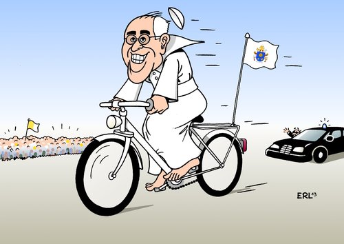 Cartoon: Papa mobil (medium) by Erl tagged papst,franziskus,papamibil,fahrrad,armut,bescheidenheit,kirche,glaube,liebe,sicherheitskräfte,papst,franziskus,papamibil,fahrrad,armut,bescheidenheit,kirche,glaube,liebe,sicherheitskräfte