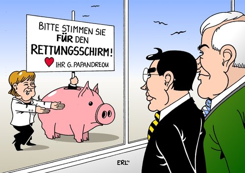 Cartoon: Papandreou (medium) by Erl tagged euro,schulden,schuldenkrise,rettungsschirm,abstimmung,regierung,schwarz,gelb,cdu,csu,fdp,bundeskanzlerin,angela,merkel,philipp,rösler,horst,seehofer,bundestag,kanzlerinnenmehrheit,besuch,ministerpräsident,giorgios,papandreou,griechenland,euro,schuldenkrise,rettungsschirm,abstimmung,regierung,schwarz,gelb,cdu,csu,fdp,bundeskanzlerin,philipp rösler,bundestag,seehofer,philipp,rösler