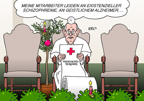 Cartoon: Papst (medium) by Erl tagged papst,franziskus,vatikan,mitarbeiter,kardinal,bischof,diagnose,krankheit,schizophrenie,alzheimer,geistlich,existenziell,kreuz,rot,weihnachten,kerze,karikatur,erl,papst,franziskus,vatikan,mitarbeiter,kardinal,bischof,diagnose,krankheit,schizophrenie,alzheimer,geistlich,existenziell,kreuz,rot,weihnachten,kerze