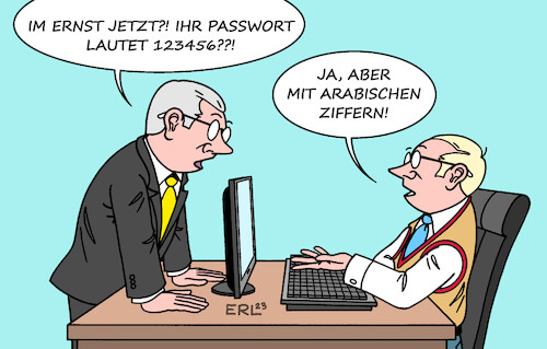 Cartoon: Passwort (medium) by Erl tagged politik,kommunikation,handel,internet,account,passwort,beliebtheit,123456,123456789,unsicher,gefahr,datenklau,missbrauch,rechner,kriminalität,erpressung,büro,chef,angestellter,computer,pc,ziffern,arabisch,karikatur,erl,politik,kommunikation,handel,internet,account,passwort,beliebtheit,123456,123456789,unsicher,gefahr,datenklau,missbrauch,rechner,kriminalität,erpressung,büro,chef,angestellter,computer,pc,ziffern,arabisch,karikatur,erl