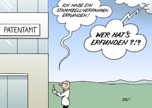 Cartoon: Patent (medium) by Erl tagged patent,stammzellen,therapie,verfahren,forschung,patentamt,gericht,eugh,gott,erfindung,erfunden,wolke,blitz,forscher,stammzellen,patent,therapie,verfahren,patentamt,forschung,gericht,eugh,gott,erfindung,erfunden,wolke