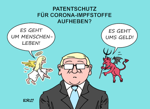 Cartoon: Patentschutz (medium) by Erl tagged politik,corona,virus,pandemie,covid19,impfung,impfen,impfstoff,forderung,aufhebung,patent,patentschutz,länder,arm,armut,versorgung,rettung,menschenleben,geld,ethik,moral,konflikt,gier,engel,teufel,gewissen,pharmaindustrie,impfstoffhersteller,karikatur,erl,politik,corona,virus,pandemie,covid19,impfung,impfen,impfstoff,forderung,aufhebung,patent,patentschutz,länder,arm,armut,versorgung,rettung,menschenleben,geld,ethik,moral,konflikt,gier,engel,teufel,gewissen,pharmaindustrie,impfstoffhersteller,karikatur,erl