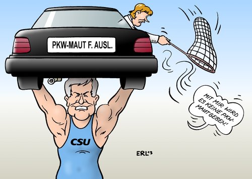 Cartoon: PKW-Maut (medium) by Erl tagged csu,wahlkampf,pkw,maut,ausländer,koalition,schwarz,rot,koalitionsverhandlungen,cdu,spd,bundeskanzlerin,angela,merkel,ablehnung,wort,fernsehduell,gefangen,fangen,schmetterling,schmetterlingsnetz,muskeln,kraft,muskelpaket,mann,stark,gewichtheben,auto,stemmen,horst,seehofer,csu,wahlkampf,pkw,maut,ausländer,koalition,schwarz,rot,koalitionsverhandlungen,cdu,spd,bundeskanzlerin,angela,merkel,ablehnung,wort,fernsehduell,gefangen,fangen,schmetterling,schmetterlingsnetz,muskeln,kraft,muskelpaket,mann,stark,gewichtheben,auto,stemmen,horst,seehofer