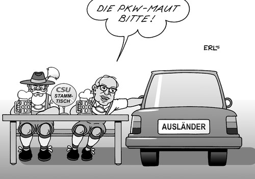 Cartoon: PKW-Maut (medium) by Erl tagged pkw,maut,ausländer,deutsche,deutschland,verkehrsminister,alexander,dobrindt,csu,wahlkampf,thema,stammtisch,politik,straße,verkahr,infrastruktur,abgabe,eu,recht,diskriminierung