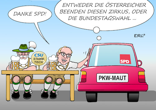 Cartoon: PKW-Maut (medium) by Erl tagged pkw,maut,csu,wahlkampf,umsetzung,diskriminierung,ausländer,eu,recht,änderung,einnahmen,minimal,bundestag,zustimmung,cdu,spd,hoffnung,klage,österreich,bundestagswahl,geld,straßenbau,infrastruktur,abgabe,verkehrsminister,alexander,dobrindt,stammtisch,rechtspopulismus,auto,karikatur,erl,pkw,maut,csu,wahlkampf,umsetzung,diskriminierung,ausländer,eu,recht,änderung,einnahmen,minimal,bundestag,zustimmung,cdu,spd,hoffnung,klage,österreich,bundestagswahl,geld,straßenbau,infrastruktur,abgabe,verkehrsminister,alexander,dobrindt,stammtisch,rechtspopulismus,auto,karikatur,erl