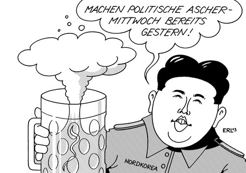 Cartoon: Politischer Aschermittwoch (medium) by Erl tagged nordkorea,atombombe,atomtest,atomwaffen,kim,jong,un,politis,cher,aschermittwoch,bier,stärke,gegner,eindruck