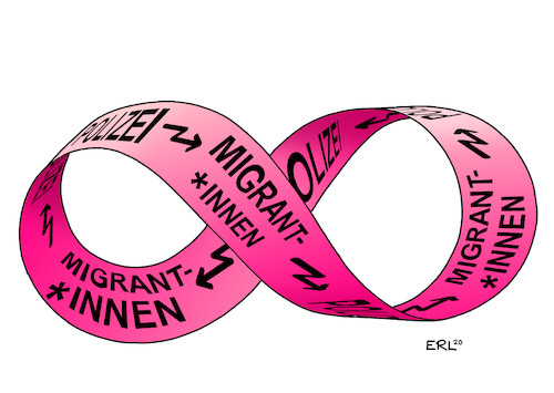 Cartoon: Polizei und Migranten (medium) by Erl tagged politik,gesellschaft,polizei,migranten,migrantinnen,gewalt,gegengewalt,möbiusband,anfang,ende,diskriminierung,rassismus,drohmails,mangel,respekt,integration,hochschaukeln,karikatur,erl,politik,gesellschaft,polizei,migranten,migrantinnen,gewalt,gegengewalt,möbiusband,anfang,ende,diskriminierung,rassismus,drohmails,mangel,respekt,integration,hochschaukeln,karikatur,erl