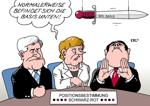 Cartoon: Positionsbestimmung (medium) by Erl tagged koalitionsverhandlungen,große,koalition,cdu,csu,spd,schwarz,rot,position,mitglied,mitgliederbefragung,befragung,abstimmung,basis,damoklesschwert,gabriel,merkel,seehofer,koalitionsverhandlungen,große,koalition,cdu,csu,spd,schwarz,rot,position,mitglied,mitgliederbefragung,befragung,abstimmung,basis,damoklesschwert,gabriel,merkel,seehofer