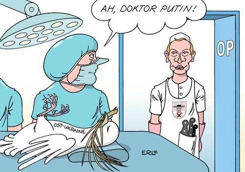 Cartoon: Putin in Berlin (medium) by Erl tagged ostukraine,krieg,prorussische,separatisten,ukraine,russland,verhandlungen,berlin,deutschland,frankreich,abkommen,minsk,umsetzung,frieden,friedenstaube,operation,operationssaal,op,arzt,ärztin,präsident,wladimir,putin,bundeskanzlerin,angela,merkel,fleischer,metzger,schlachter,karikatur,erl,ostukraine,krieg,prorussische,separatisten,ukraine,russland,verhandlungen,berlin,deutschland,frankreich,abkommen,minsk,umsetzung,frieden,friedenstaube,operation,operationssaal,op,arzt,ärztin,präsident,wladimir,putin,bundeskanzlerin,angela,merkel,fleischer,metzger,schlachter,karikatur,erl